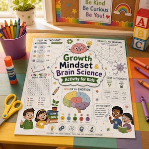 Groeimindset voor kinderen, werkboek hersenwetenschap | Printbare PDF | Leeftijd 5-8, werkbladen voor kleuters, lessen over sociaal-emotioneel leren