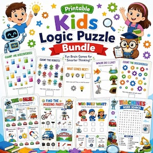Logikrätsel für Kinder, STEM-Denkspiele-Paket mit Rätseln und Wortsuchspielen (PDF)
