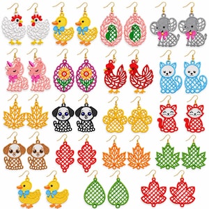May include: A collection of colorful, intricate laser-cut acrylic earrings featuring various designs including chickens, ducks, elephants, unicorns, cats, dogs, paw prints, sunflowers, oak leaves, and maple leaves, all attached to gold-tone hooks.