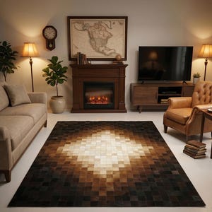 Handmade Tricolor Cowhide Carpet, Living Room Patchwork Area Rug, Brown Cow Hair Rug
