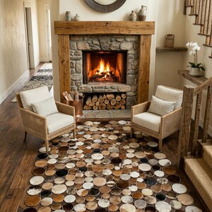 Alfombra redonda de patchwork de piel de vaca, alfombra multicolor para sala de estar o casa de campo, decoración rústica occidental para el hogar.