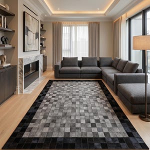 Black and Gray Cowhide Leather Area Rug, Cowhide Patchwork Carpet for Family Room and Lounge, Wedding Gift for Couple