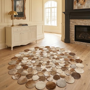 May include: A circular area rug composed of numerous small, round, stitched-together cowhide patches in varying shades of brown, tan, cream, and white, creating a textured, mosaic-like pattern across the surface of the floor.
