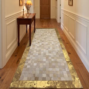 Tapete de couro bovino com folha de ouro feito à mão para corredor, tapete de couro para hall de entrada, presente de aniversário