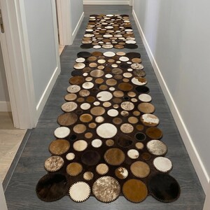 Cowhide Round Patchwork Hallway Rug, Multicolored Living Room or Farmhouse Rug, Western Home Decor