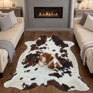Peut inclure: Un grand tapis en peau de vache de forme irrégulière, présentant une base blanche avec des taches brunes et noires, posé sur un plancher en bois foncé. Un petit épagneul brun et blanc est allongé au centre du tapis dans une pièce.