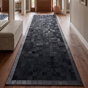 Handmade Black Cowhide Runner Carpet, Rug for Entrway, Genuine Cowhide, Luxury Home Decor