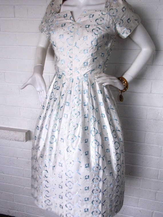 50's Fit and Flare White and Blue Day Dress