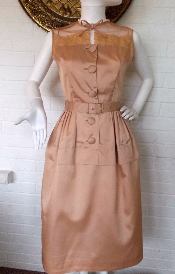 50's Champagne Pink Belted Cocktail Shirt Dress by