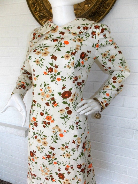 60's Floral Peter Pan Collar Shift Dress - L