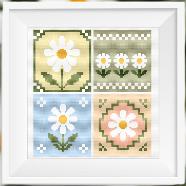 Pastel Daisy Cross Stitch Pattern (PDF): 4 Geometric Floral Motifs