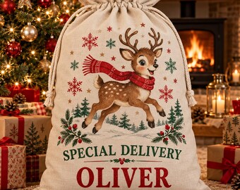 Personalisierter Weihnachtsmann-Sack, Rentier-Geschenktüte mit individuellem Namen, Geschenktüte für Kinder am Heiligabend