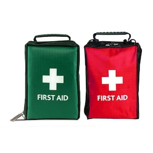 May include: Two first aid kits, one green and one red, each with a white cross and the words "FIRST AID" printed in white. Both kits have a black handle and zip.