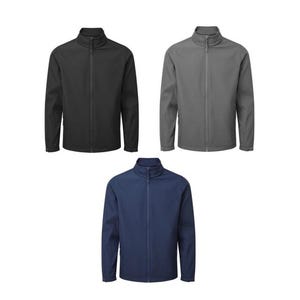 Może przedstawiać: Trzy kurtki softshell w kolorze czarnym, szarym i granatowym. Każda kurtka ma zamek błyskawiczny na całej długości i st&oacute;jkę. Kurtki są prezentowane na białym tle, prezentując swoje kolory i design.