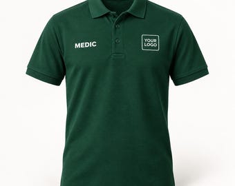 Individuell gestaltbare Polo-Shirts für medizinisches Fachpersonal, Firmenuniformen mit Logo, personalisierte Polo-Shirts für Veranstaltungsmitarbeiter, eigene Grafiken hochladen, bedruckte Arbeitskleidung
