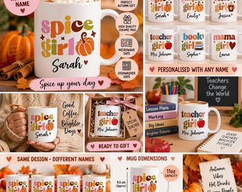 Personalisierte Spice-Girl-Tasse | Herbsttasse | Geschenk für Pumpkin-Spice-Fans | Kaffeetasse mit individuellem Namen | Tasse im Herbst-Design | Geschenk für Lehrer