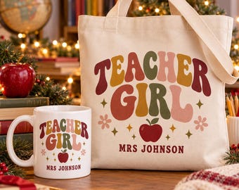 Personalisiertes Geschenkset für Lehrerinnen, Tasse und Tragetasche für Lehrerinnen, Weihnachtsgeschenk mit individuellem Namen, Geschenk für Unterrichtsassistentinnen