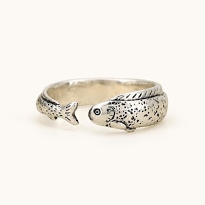 Anello a fascia con motivo a pesce oceanico, regolabile, in rame color argento, gioiello vintage con animale marino, idea regalo.