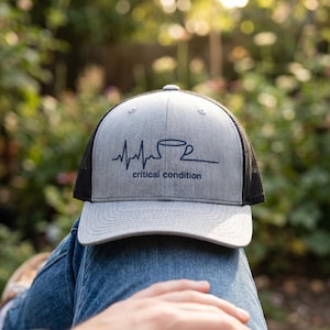 Heartbeat Coffee Cup Trucker Hat | Critical Condition Nurse Cap
