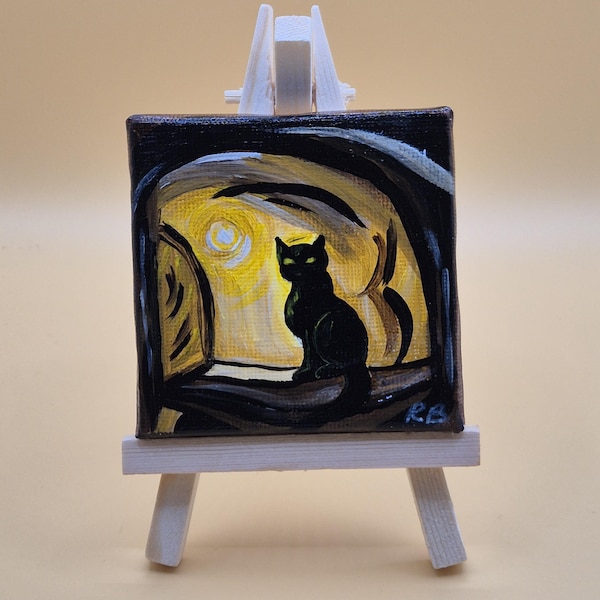 Raquel’s original miniature acrylic painting of a cat beneath the moon