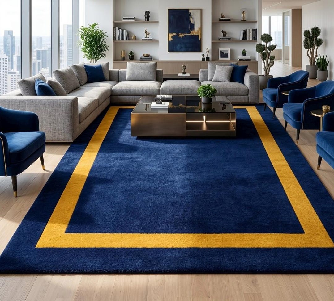Handmade Navy Blue & Gold Tufted Rug, Modern Geometric Wool Area Rug ...