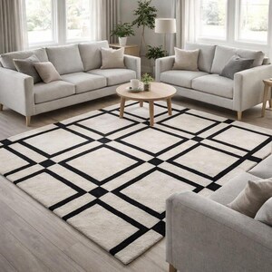 Tapete moderno de lã tufada à mão com padrão quadriculado preto, geométrico e minimalista, ideal para sala de estar, quarto e quarto infantil. Tamanhos personalizados disponíveis.
