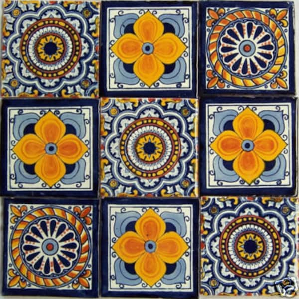 Spanish Mediterranean decor 9  Hand Painted Talavera Mexican Tiles 4" x 4"