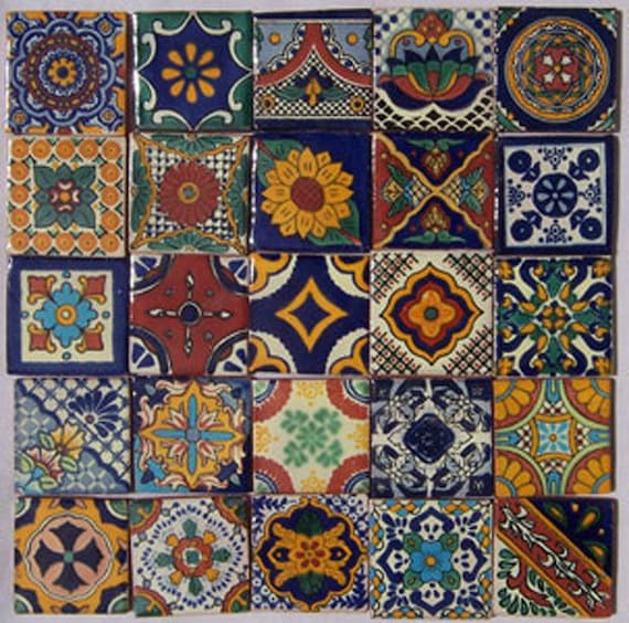 25 Hand Painted Talavera Mexican Tiles 2x2 Image 0