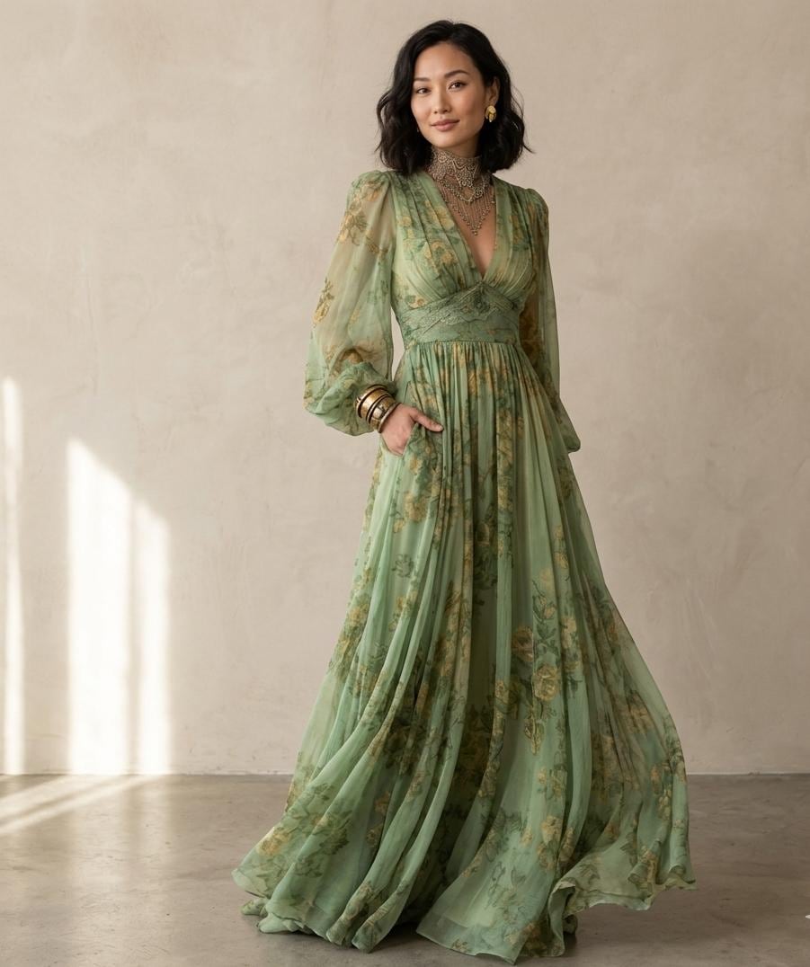 green floral maxi dress uk Kellis | Green Floral Print Asymmetric Maxi Dress With Balloon Sleeve Club L London