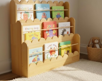 Montessori Bookshelf for Toddlers, Wooden Front Facing Book Display, Kids Nursery Bookcase, Scalloped Playroom Storage Shelf