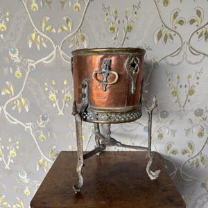 Antique Copper Brass Jardiniere Plant Stand Tripod Branch Legs Cache Pot Planter Terracotta Liner Cottagecore French Country Garden Decor