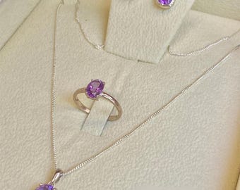 Amethyst Sterling Silver Jewelry Set, Oval Ring, Pendant Necklace, Stud Earrings, February Birthstone