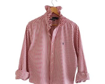 Upcycled Ralph Lauren Stripe Shirt | Ruffled Collar Blouse, Cottagecore Preppy Style