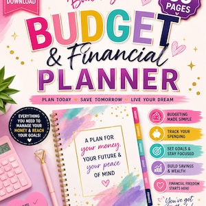 May include: A 55-page digital download budget and financial planner with a spiral binding. The cover features colorful watercolor accents, gold sparkles, and the text: A PLAN FOR your money, YOUR FUTURE & your peace OF MIND. Includes a pink calculator.
