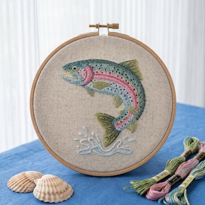 May include: A circular wooden embroidery hoop containing a fabric panel with a hand-stitched rainbow trout. The fish features shades of green, blue, and pink thread with detailed scales and a splash of water below. The hoop has a metal tightening screw.
