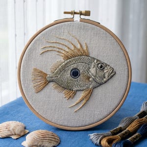May include: A circular wooden embroidery hoop containing a light gray fabric panel with a detailed thread-stitched fish. The fish features metallic silver scales, long golden-brown fins, and a prominent dark blue circular spot on its side.
