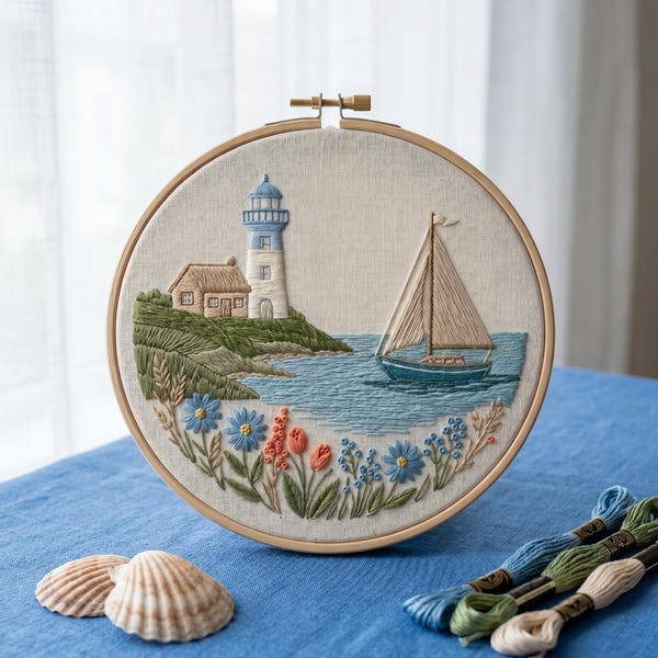Könnte beinhalten: Ein runder Stickrahmen mit einem Stoffeinsatz, der eine gestickte Küstenszene mit einem Leuchtturm, einem kleinen Haus, einem Segelboot auf blauem Wasser und bunten Blumen in Blau-, Rosa- und Grüntönen im Vordergrund zeigt.