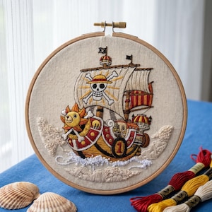 Zestaw do haftu: Statek z anime – Thousand Sunny Pirate DIY – rękodzieło artystyczne w stylu marynistycznym i mangi – relaksujący prezent hobbystyczny dla niego