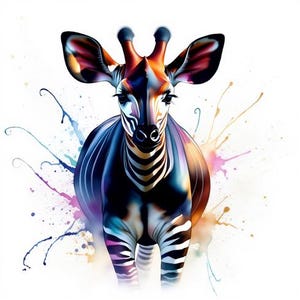 Può includere: Un'illustrazione stilizzata di un okapi con un manto scuro e strisce bianche sulle zampe e sul collo, accentuata da vivaci schizzi di vernice multicolore nelle tonalità del blu, rosa, arancione e viola su uno sfondo bianco puro.
