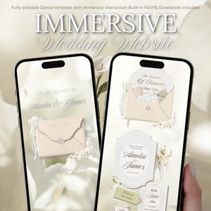 Peut inclure: Deux smartphones affichent un modèle de site web de mariage. Le texte "IMMERSIVE Wedding Website" est en haut. Le site web présente des modèles d'invitations avec les noms "Amelia & James" et la phrase "The Beginning Of Forever".