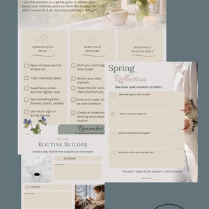 May include: A soft, neutral-toned printable checklist titled "A Gentle Spring Reset" with prompts for refreshing space, routines, and self-reflection. Includes a floral arrangement, candles, and a cup of tea.