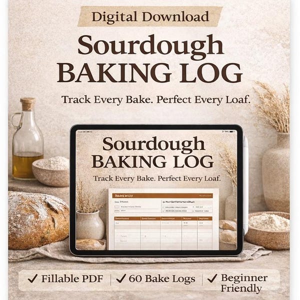 Sauerteig Backen Log Buch PDF, Printable Planer, ausfüllbarer digitaler Download