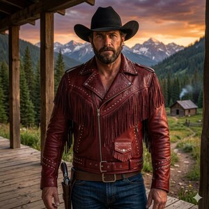 Chaqueta vaquera de cuero con flecos para hombre, estilo vaquero motero vintage, ropa de rodeo y forajido, ideal para festivales.