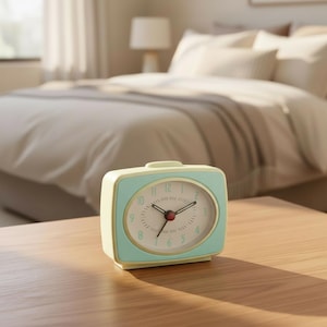 Puede incluir: Un reloj despertador anal&oacute;gico rectangular con un marco exterior amarillo p&aacute;lido y una esfera de color verde azulado claro. El reloj presenta una esfera blanca con n&uacute;meros en verde azulado, manecillas negras y una tapa central roja.