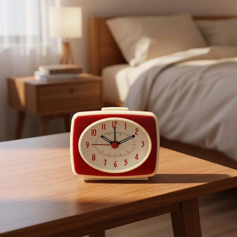Puede incluir: Un reloj despertador anal&oacute;gico rectangular con un marco de color crema y una esfera de color rojo intenso. El reloj presenta una esfera blanca con n&uacute;meros ar&aacute;bigos rojos del uno al doce, manecillas negras y un segundero fino de color rojo.