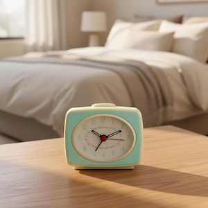 Puede incluir: Un despertador anal&oacute;gico rectangular de color verde menta con esquinas redondeadas y esfera color crema. El reloj cuenta con manecillas negras para horas y minutos, un segundero rojo fino y n&uacute;meros verde claro del uno al doce en forma ovalada.
