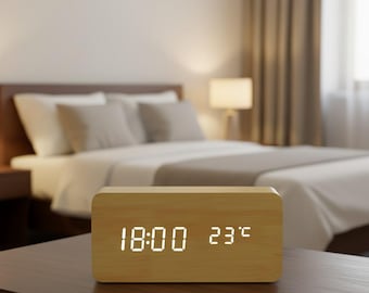 Modern Wooden LED Alarm Clock, Voice Control Digital Desk Clock, Minimalist Home Decor, 12/24H Display, Unique Birthday Gift