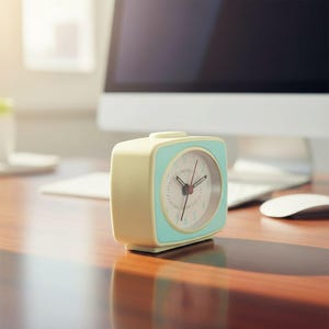 Puede incluir: Un reloj despertador anal&oacute;gico rectangular con una carcasa exterior de color crema y un marco de esfera azul claro. El reloj presenta una esfera blanca con n&uacute;meros negros, manecillas de hora y minutos negras y un segundero de color rojo.