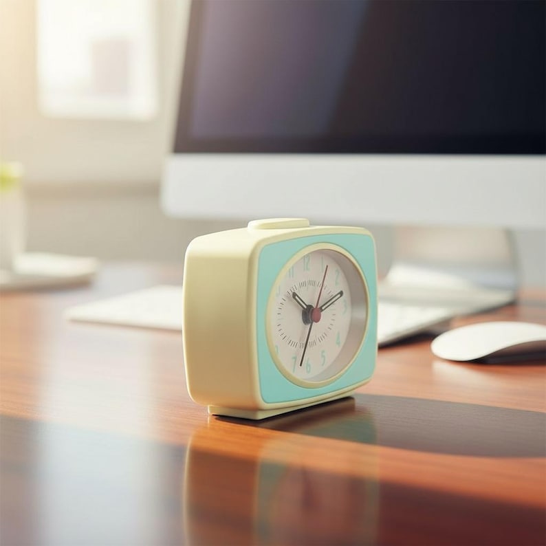 Puede incluir: Un reloj despertador anal&oacute;gico rectangular con una carcasa exterior de color crema y un marco de esfera azul claro. El reloj presenta una esfera blanca con n&uacute;meros negros, manecillas de hora y minutos negras y un segundero de color rojo.