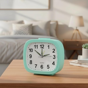 May include: A mint green quartz alarm clock with a white face and black numerals sits on a wooden surface. The clock has a square shape with rounded corners and black hands. The time is approximately 2:10. The word "QUARTZ" is printed on the face.